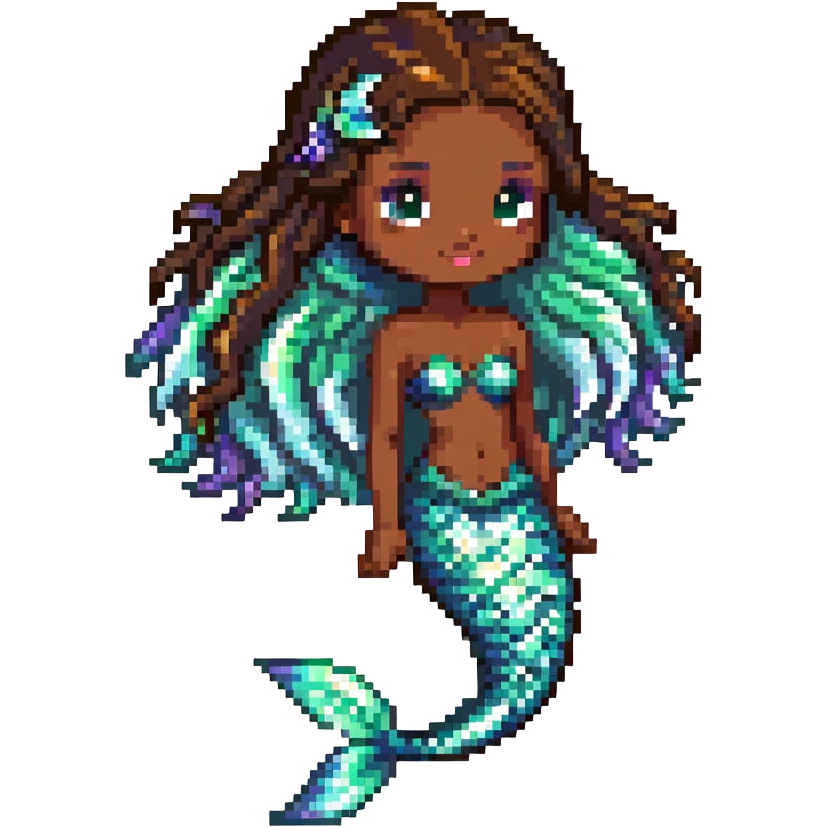 Beautiful mermaid with dark brown skin and iridescent scales emoji