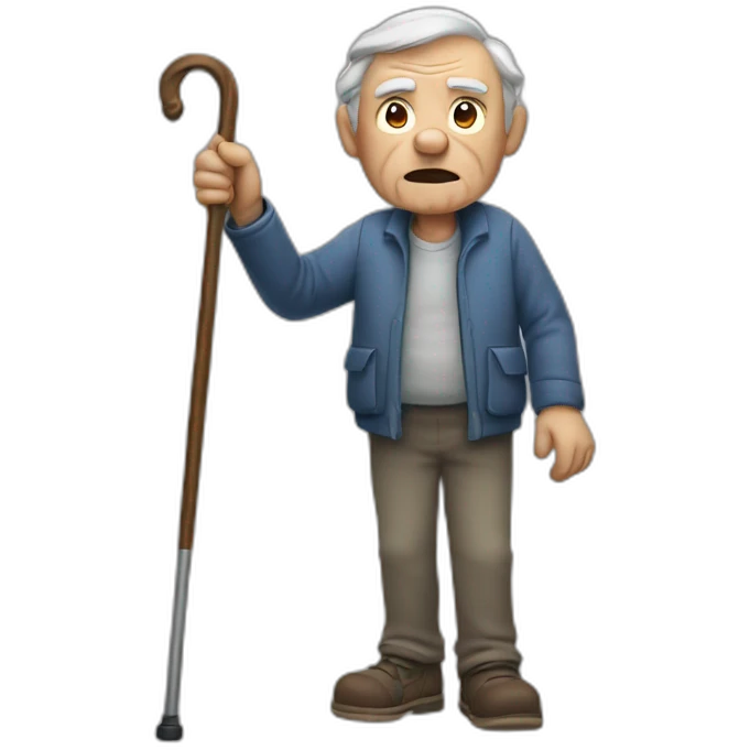 Old man leaning on a walking cane holding his back with the other hand grumpy face, detailed emoji
