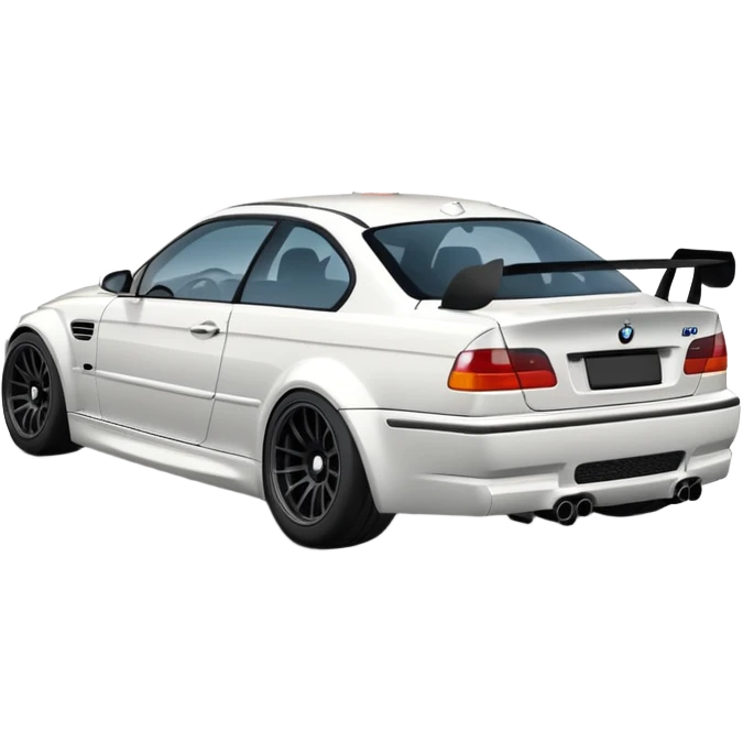
A white BMW M3 E46 is shown drifting through a corner from a rear-view angle, with a slight wisp of smoke rising from the back and the wheels positioned at a certain angle relative to the turn. emoji
