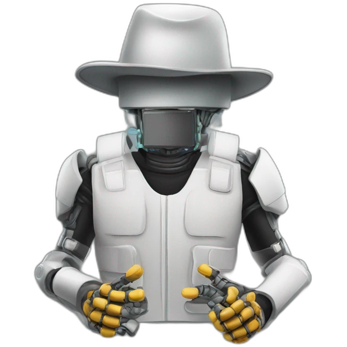 Bullet proof vest, robotic hands, smoke a cigarett, hat without star emoji
