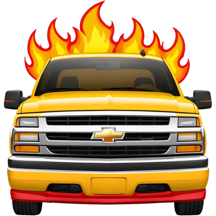 Bright yellow 1997 Chevrolet C-2500 Crew Cab Silverado from Kill Bill with red flame decals on the front hood, 30-degree view showing flames clearly, iOS emoji style emoji