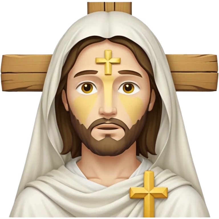 Christian cross with a white cloth draped over it and Jesus Christ on it, simplified, iconic, yellow face, gentle expression emoji