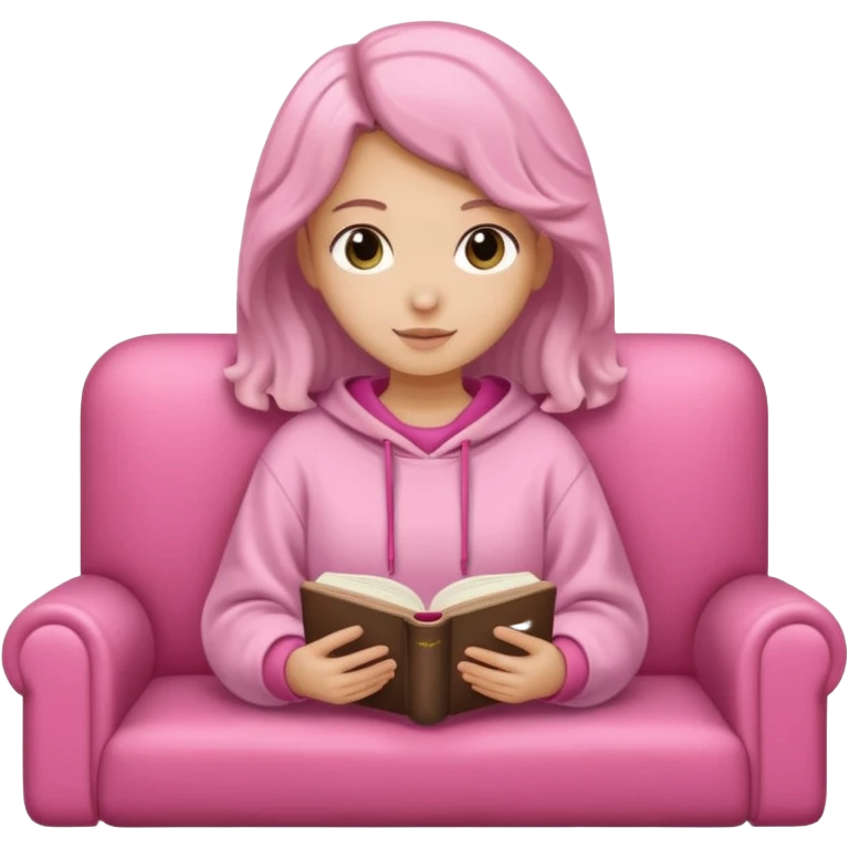 Una chica linda de cabello oscuro con ondas hasta los hombros de piel blanca con una sudadera rosa en un sofá cómodo y hermoso leyendo la biblia emoji