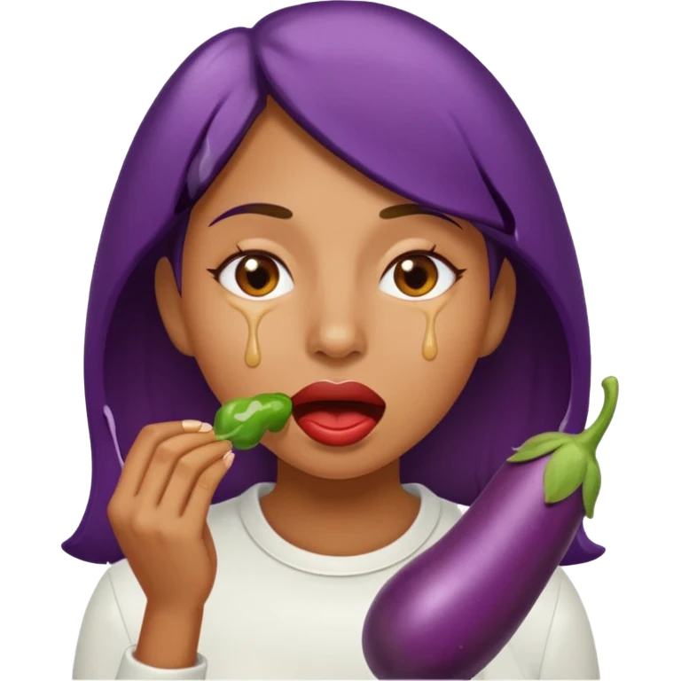 Women with dripping saliva while eating eggplant emoji