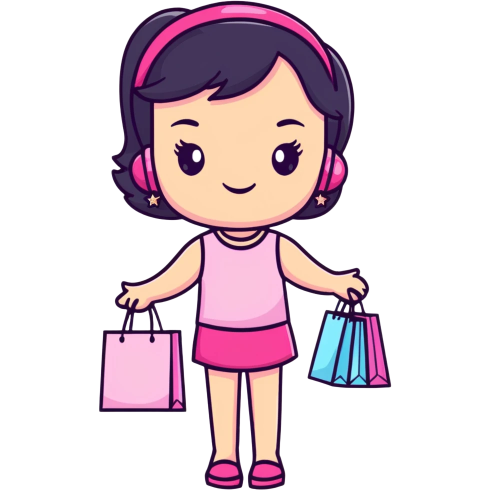 Fashionable girly girl with sparkles, pink accessories, and shopping bags emoji