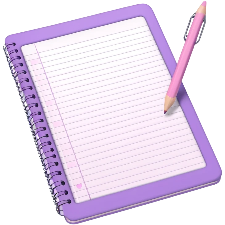 spiral notebook in soft purple, white 'schedule' text on cover, soft pink pencil placed on it, iOS emoji style emoji