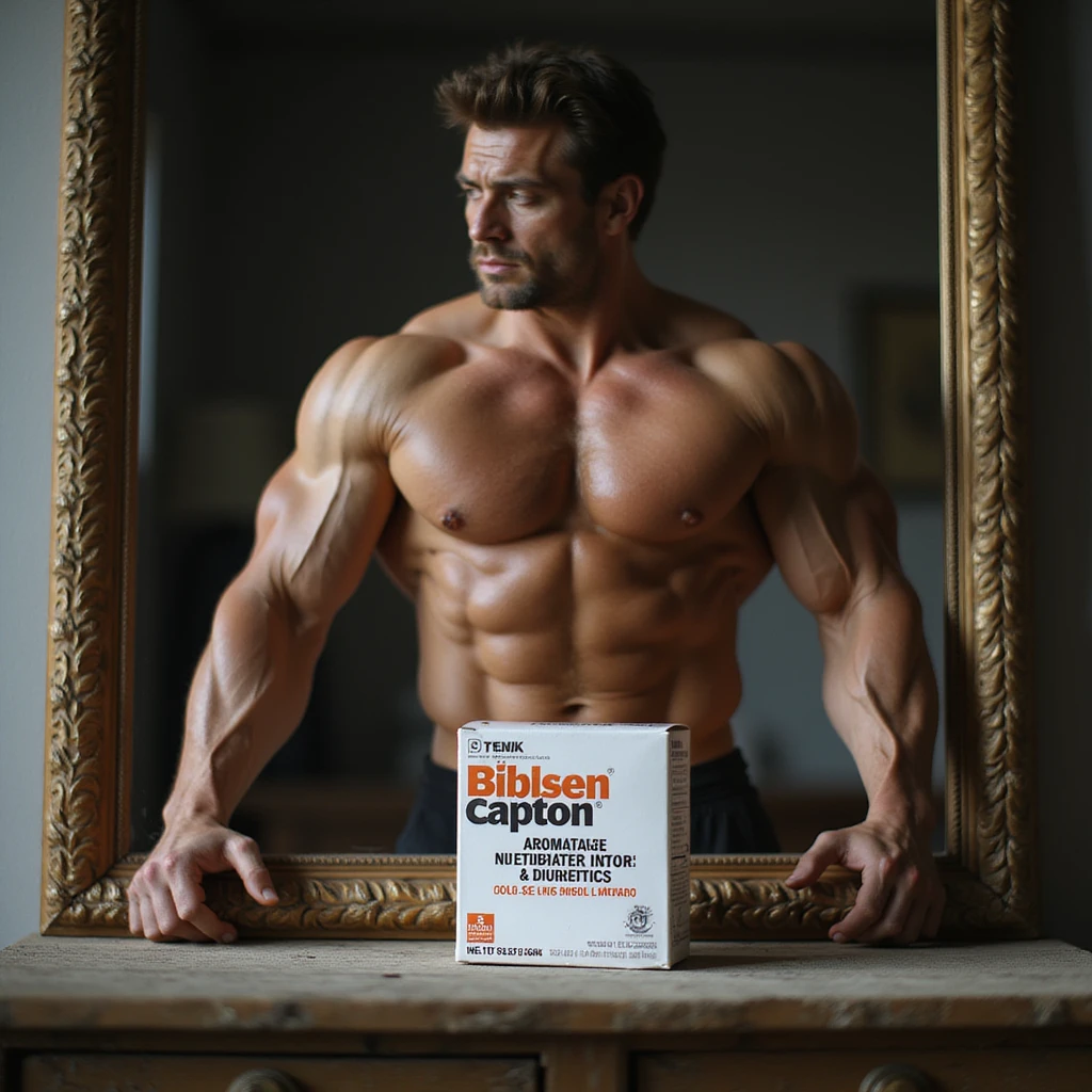 realistic bodybuilder posing in competition in front of mirror, extremely defined muscles, tired eyes, box of aromatase inhibitors and diuretics on furniture labeled in Italian emoji