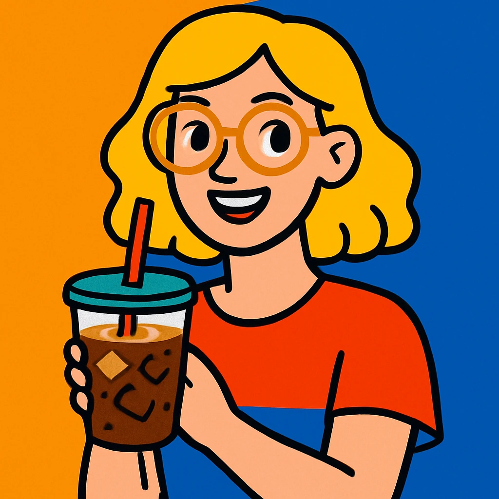 blonde woman with gold glasses holding an iced coffee, vibrant illustration emoji