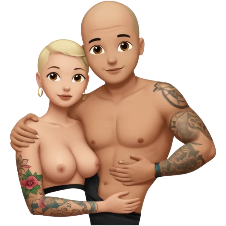 throuple tattooed sleeves bbald male with topless naked big boobed brunette and topless naked big boobed blonde girlfriends  lovingl  and sexy polygamy  emoji