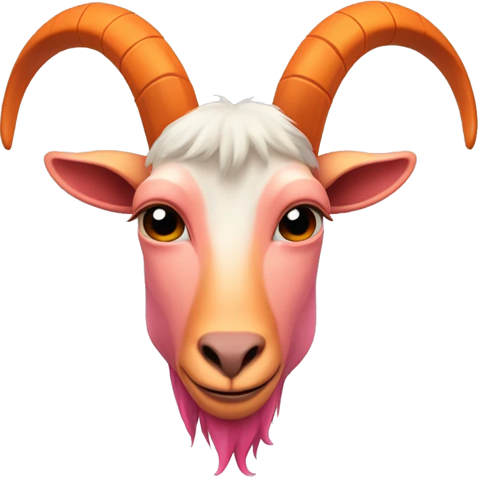 an anthromorphic goat with big curved horns and its face replaced with a rounded screen dislaying a simplified, single-colored orange-pink face emoji