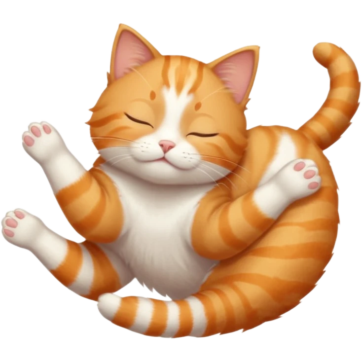 ginger and white small cat eyes closed lying down upside down with paws stretched out straight in different directions emoji