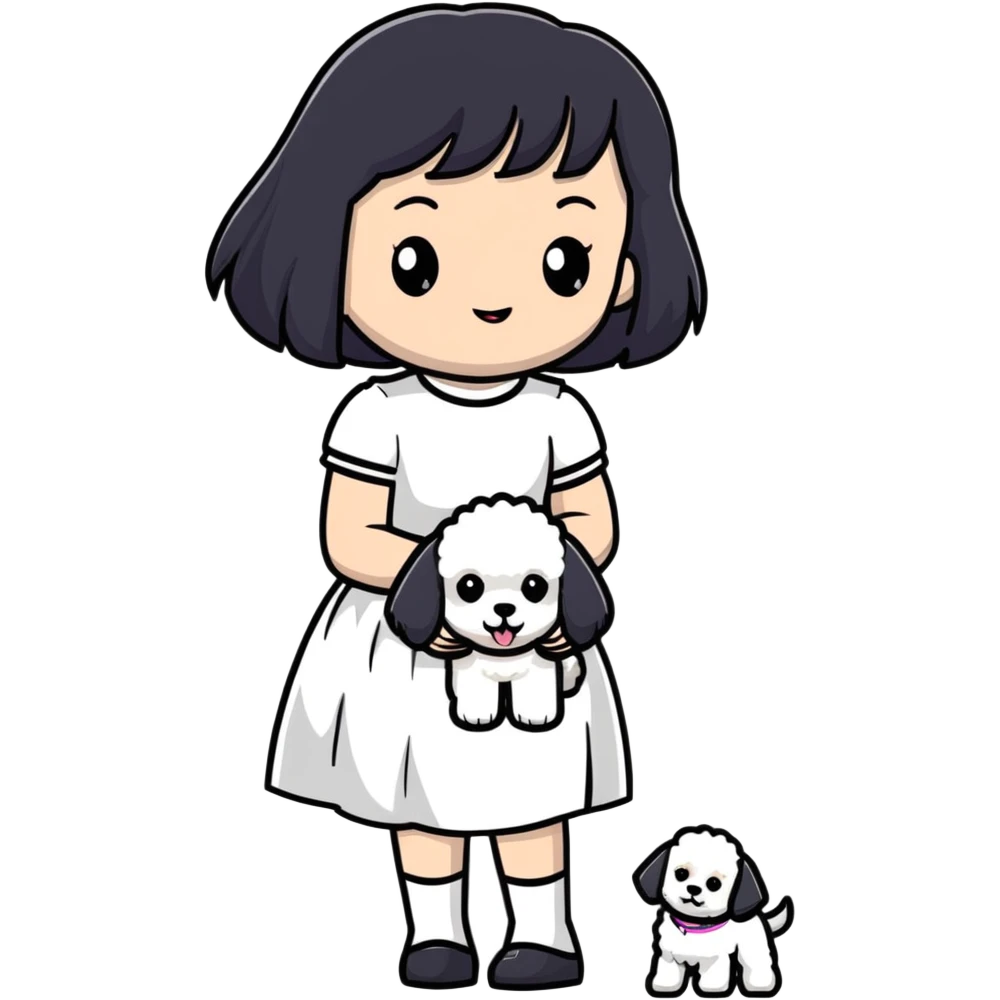 A beautiful girl with long straight black hair wearing a white skirt holding a small white Bichon Frise emoji