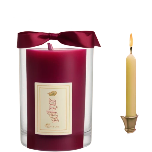 A glowing burgundy candle casting warm light over a bouquet of ruby-red dahlias and a velvet ribbon emoji