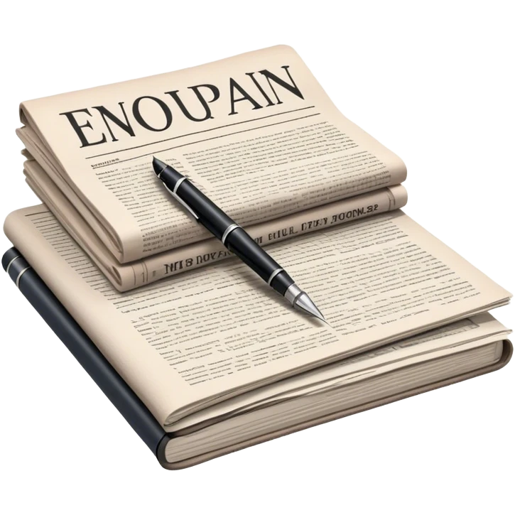 Create an emoji representing journalism and publicistic writing. The design should feature a stack of newspapers, an open notebook with visible text, and a single fountain pen placed near the notebook, symbolizing the act of writing. Use neutral, professional colors like black, white, and muted tones to convey a sense of seriousness and intellect. Do not include any emojis or smiley faces. Make the background transparent. emoji