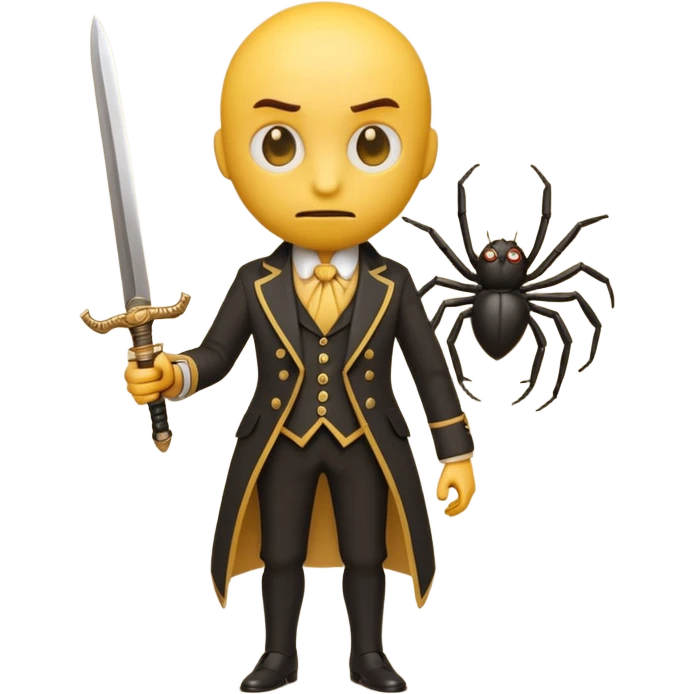 3d yellow emoji character in victorian suit nervously holding a tiny sword, facing a small cartoon spider, exaggerated brave face, retro 3d emoji render, simple white background emoji