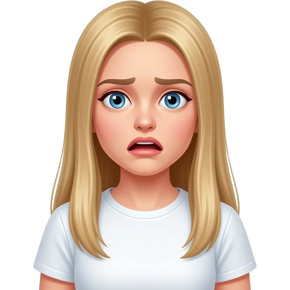 ragazza russa bionda occhi azzurri capelli lisci lunghi, terrorizzata maglietta bianca emoji