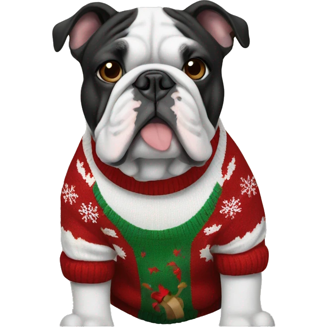 Black and white bulldog wearing Christmas sweater emoji