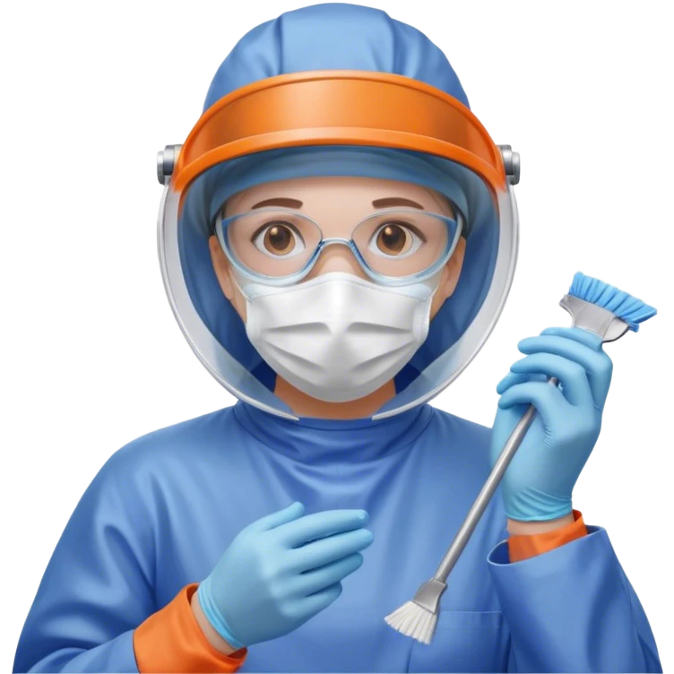 A meticulous cleanroom worker dressed in full protective gear, including a blue sterile suit, a face mask,  and orange gloves.  cleaning glasses with a wipe in one Hand emoji