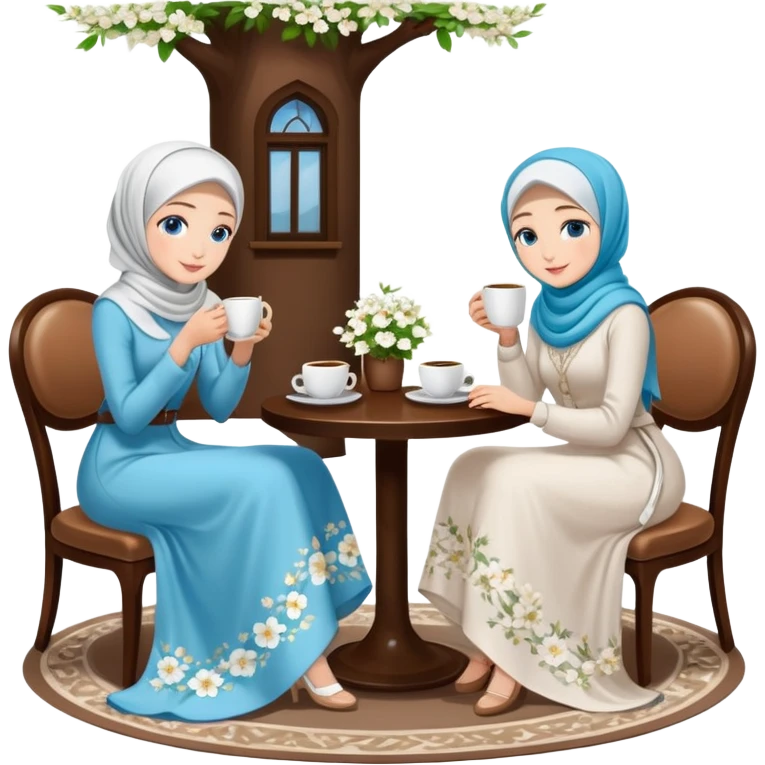 Turkish beautiful finish Konya girls blue eyes with Beautiful white blossom floral hijab long tail dress and the two friends in a white lovely coffeehouse sits on the chair on the ground and holds cup coffe with her hand  emoji