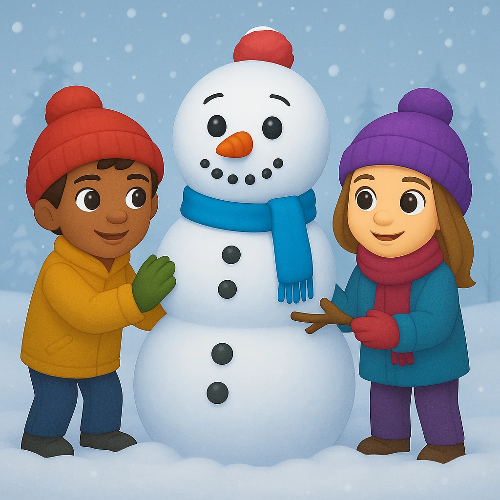Show two different kids (different hair and clothing colors) building a snowman in a snowy background, keep the emoji style emoji