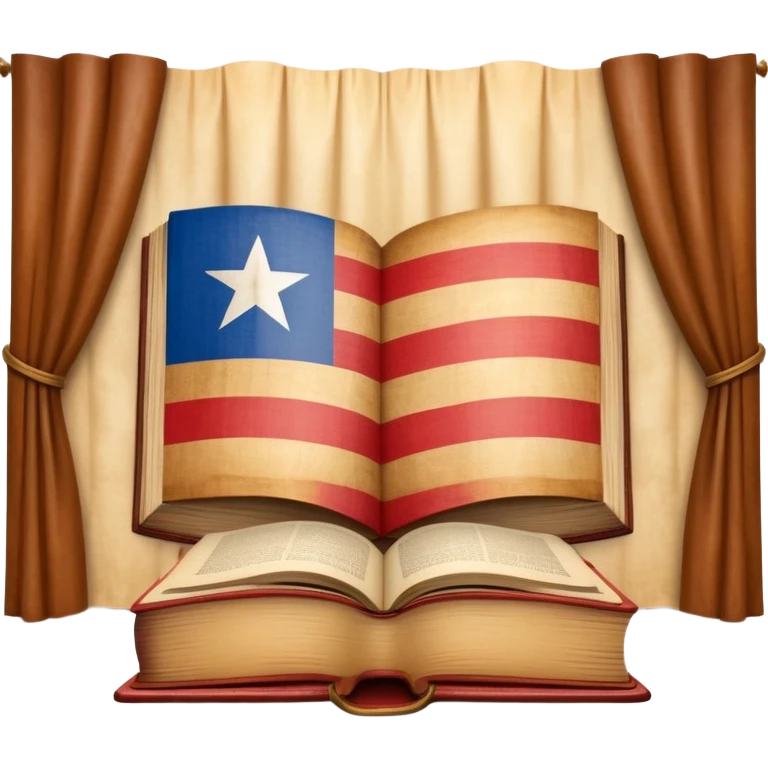 Ancient book with Puerto Rican flag on leather cover, theater curtain symbol carved in wood, warm vintage parchment textures, soft golden glow representing timelessness and theatrical heritage emoji