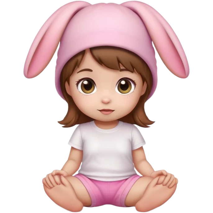 Kawaii baby girl emoji, sitting, brown hair, big eyes, pink bunny ear hat, white t-shirt, pink shorts emoji