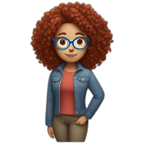 A curvy girl with dark red curly hair and blue glasses in full body in Pixar style emoji
