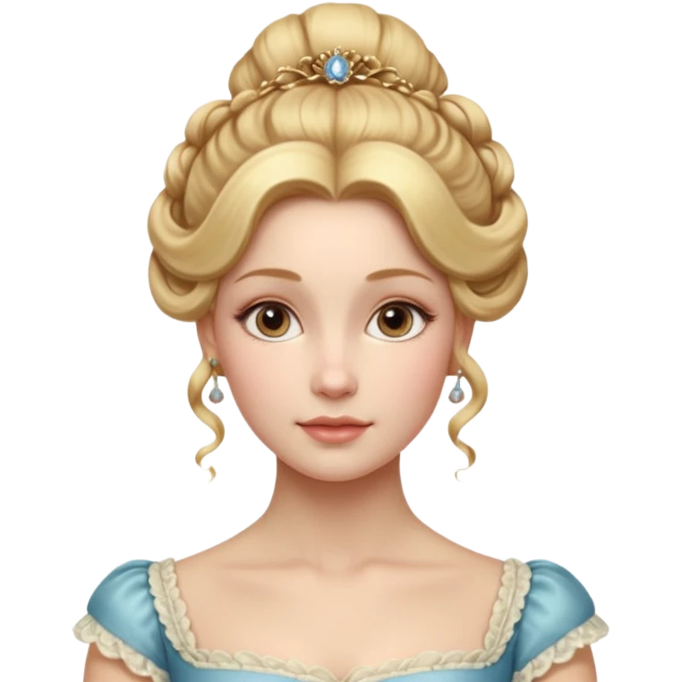 Cinematic Realistic Rococo Portrait, depicted with lifelike skin texture, subtle rosy undertones, and soft natural lighting that enhances the gentle contours of her face. Her intricately detailed golden blonde hair is elegantly styled in an updo, emoji