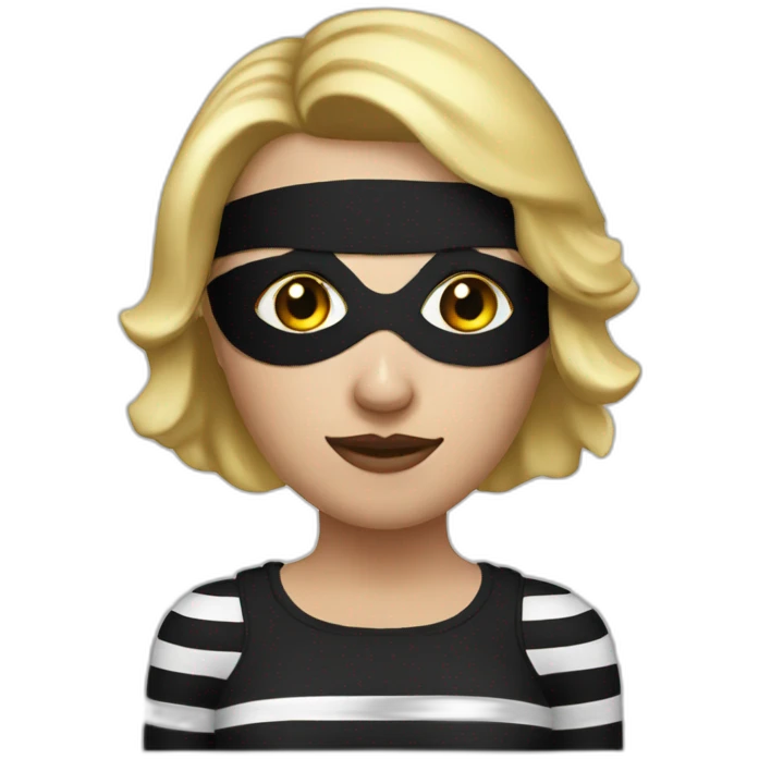 bank robber blonde woman with black eye mask and striped tshirt emoji