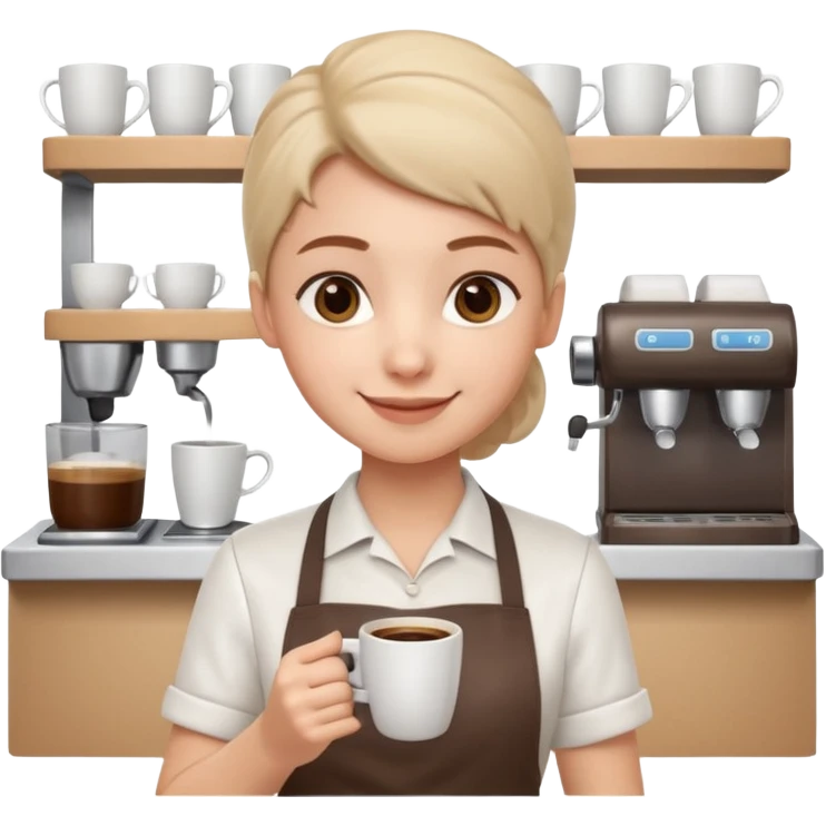 cute barista portrait, head and shoulders only, wearing apron, coffee shop uniform, friendly smile, holding a small coffee cup, 3D cartoon, mobile game icon style, clean background, no text, no watermark
 emoji