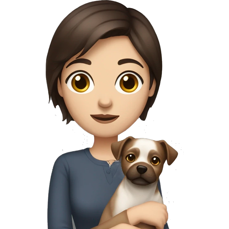short brunette haired woman with dark brown eyes holding a dog emoji