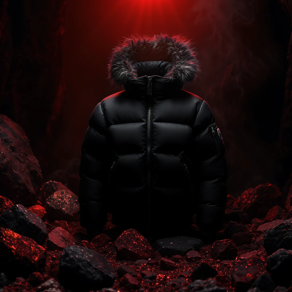 cinematic still of a front black puffer jacket around black stone with red coal temeperature environment, back red light, top light  emoji