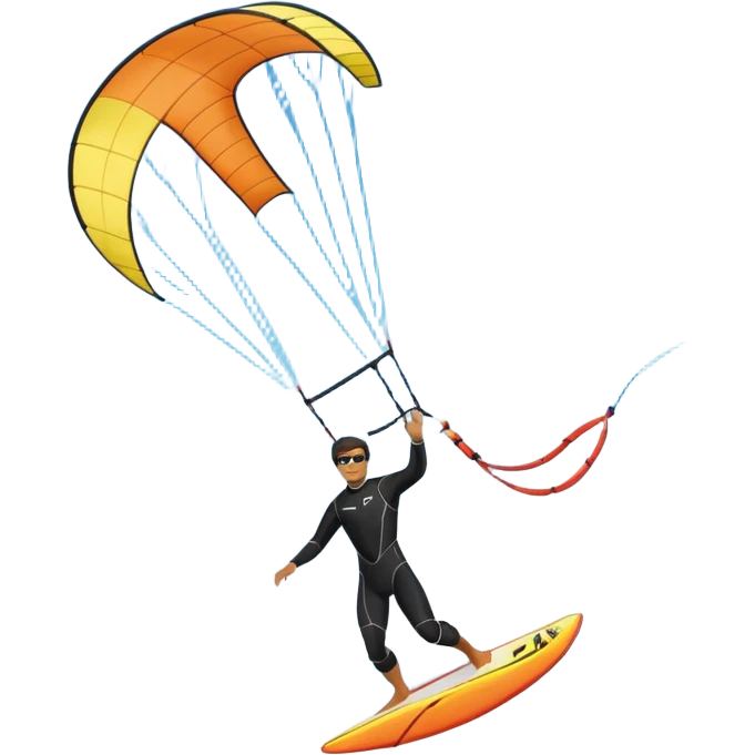 Kiter man con neopreno negro largo en el mar con una cometa kite surf de 18 metros,haciendo kite surf y el truco downloop emoji