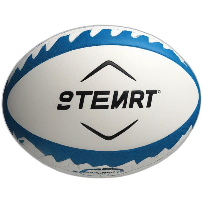An oval GILBERT rugby ball, with four leather panels and hexagonal and pentagonal patterns, the colors are white and blue, with black lettering and logos emoji