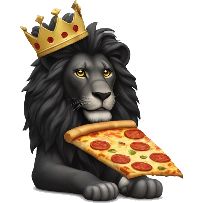 A Black lion with a golde crown on the at. eating a slice of pizza emoji