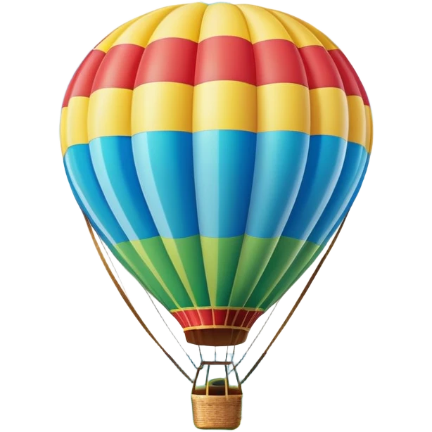 A colorful hot air balloon floating gracefully above the ground, with a clear sky and distant hills in the background. The balloon's vibrant colors stand out against the soft clouds, capturing the peaceful yet adventurous spirit of hot air ballooning. emoji