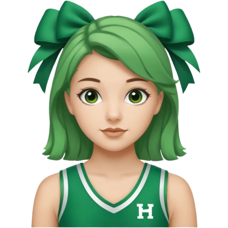 Sydney Taylor with green Hawkins Cheerleader no sleeve uniform, green bow on her hair emoji