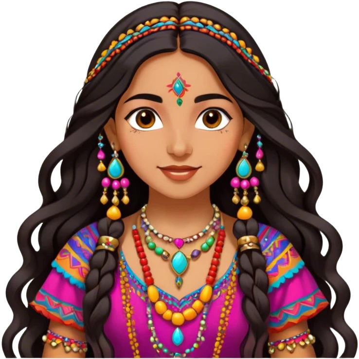 A Romani girl with long dark hair, wearing a colorful, traditional dress with intricate patterns, and a bright, joyful expression, surrounded by vibrant accessories and jewelry emoji
