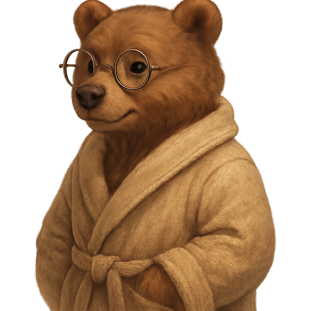 A cute anthropomorphic bear wearing round glasses and a cozy bathrobe, 3/4 view, detailed, semi-realistic style, warm atmosphere. emoji