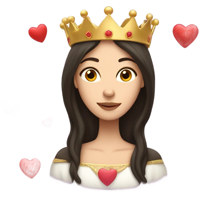 Caucasian long dark haired woman wearing a crown with hearts floating around her head emoji