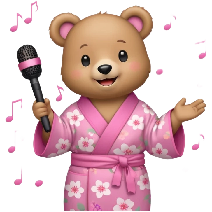 A cute light-brown bear wearing a pastel pink sakura-patterned kimono, normal balanced body ratio.  
Holding a microphone and singing happily, music notes floating around and a bright joyful smile.  
Kawaii emoji style, minimalistic clean sticker illustration, white background. emoji