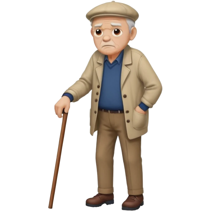 Old man leaning on a walking cane and holding his crancky back with his hand, grumpy face, detailed emoji