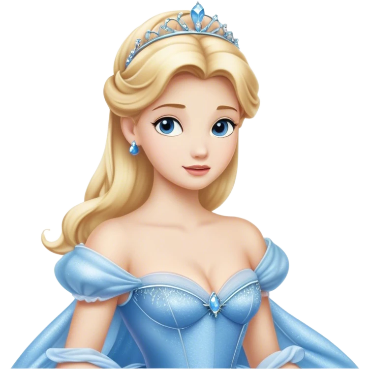 Cinematic Realistic Cinderella Portrait, showcasing her regal elegance in a full ball gown rendered with exquisite detail. Her fair, luminous skin and lustrous blonde hair are highlighted by subtle, shimmering accents and gentle natural light, evoking a magical, transformative aura. emoji