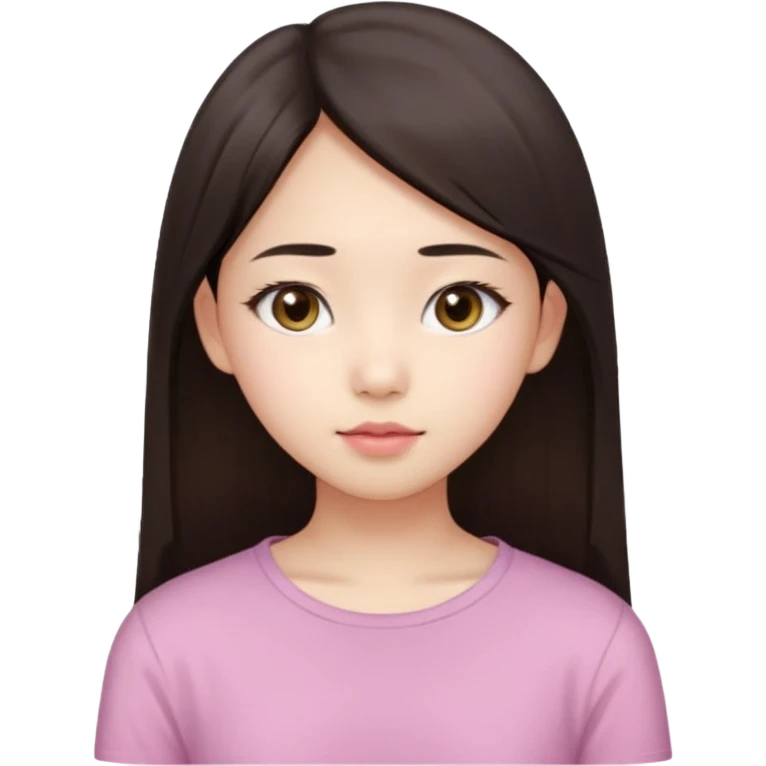 Asian girl, 17 years old, fair skin, oval face, big brown eyes, long straight dark brown hair, soft pink lips, calm expression, wearing a pale yellow top, portrait from head to chest, white background. emoji