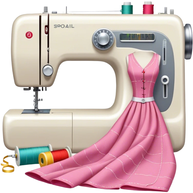 Sewing icon, measuring tape, pins, scissors, and a dress in progress, sewing machine with thread, visible needle, spools of thread, fabric pieces cut according to patterns, minimalistic style, clean lines, transparent background. emoji