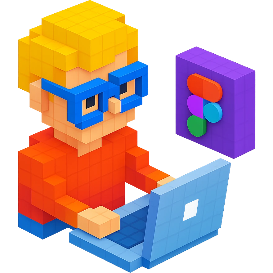 designer working on a MacBook with Figma logo, voxel style emoji