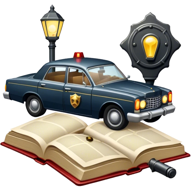 Icon for Action & Crime Reading: an open book with dramatic crime scenes—bullet holes on pages, a detective badge, a revolver and a getaway car. Surrounding elements include a flickering streetlight. Transparent background. emoji