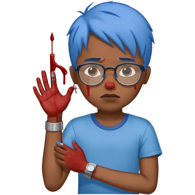 draw a black boy with glasses and blue hair cutting his wrist while bleeding not crying blood and with a neutral peaceful expression on his face emoji