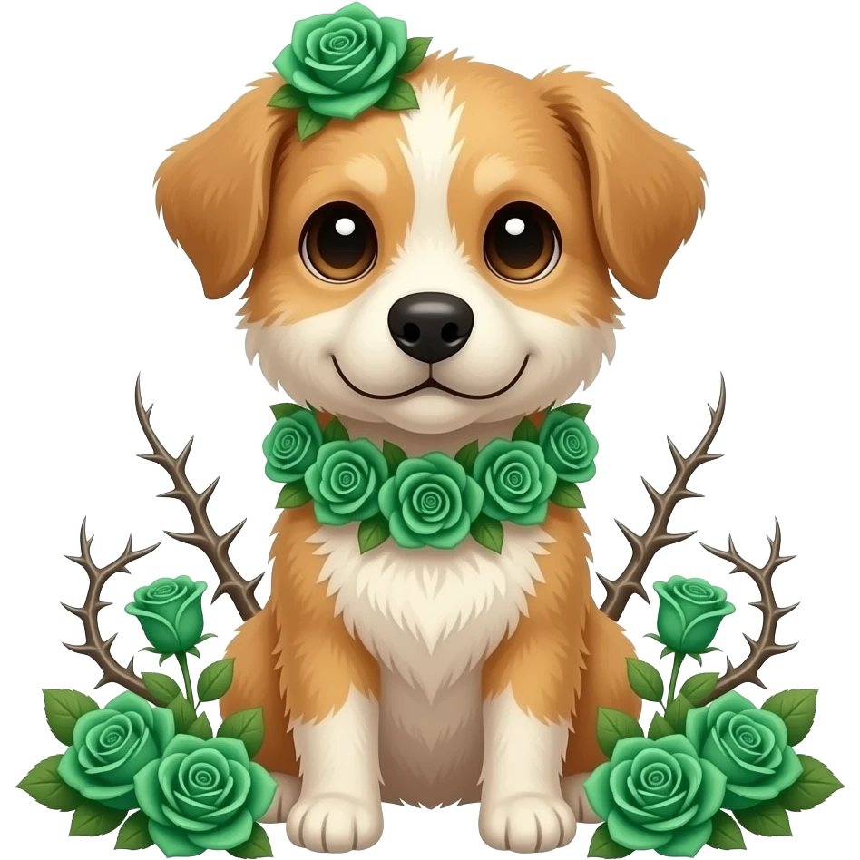 Cute dog with emerald green roses and valley of thorns emoji