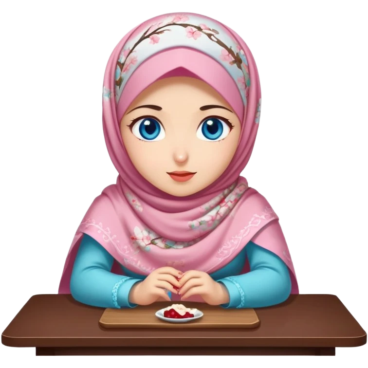 Turkish beautiful finish Konya girl blue eyes with cherry blossom floral hijab islamic dress and with yummy Drooling face on the table emoji